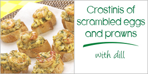 Scrambled eggs, prawns and dill crostini