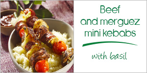 Beef and merguez mini kebabs with basil